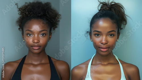 Before and after beauty black woman ,The result of self-tanning. Tanned skin, contrast of skin colors
