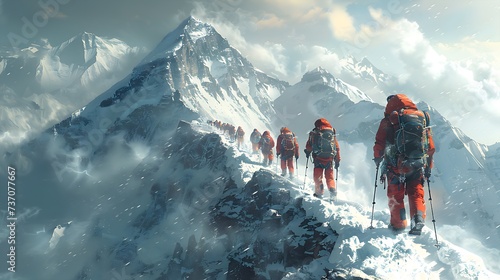 illustration of a group of hikers on snow mount, Kilimanjaro, Everest