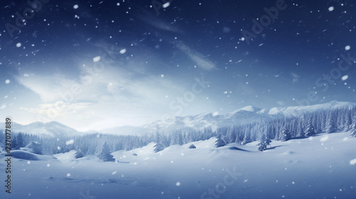 Beautiful ultrawide background image of light snowfall falling over of snowdrifts 