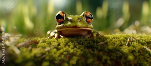 green frog on a log blur nature background © gufron