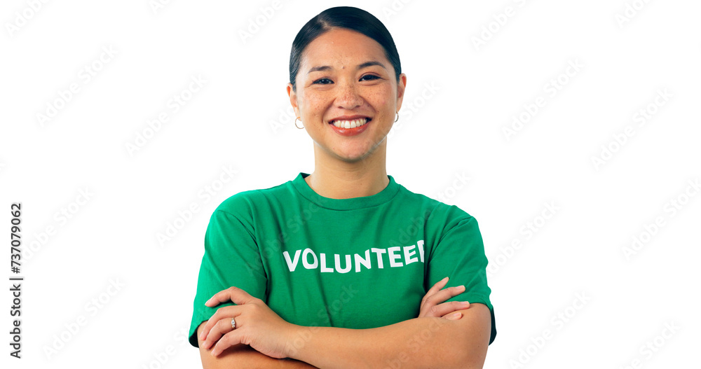 Woman, arms crossed and volunteer in portrait for charity, sustainability and climate isolated on png transparent background. Asian, smile and help at NGO for eco, nonprofit and social responsibility - obrazy, fototapety, plakaty 