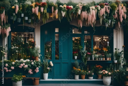 Facade of beautiful flower shop with different houseplants and flowers