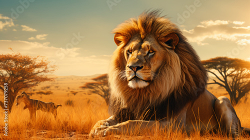 Lion in the savanna - African wildlife landscape.