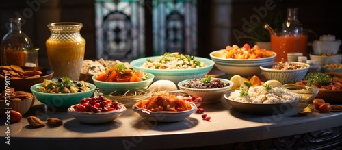 Ramadan kareem Iftar party table with assorted festive traditional arab dishes