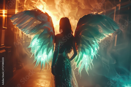 Marvelous woman angel with massive glowing wings photo