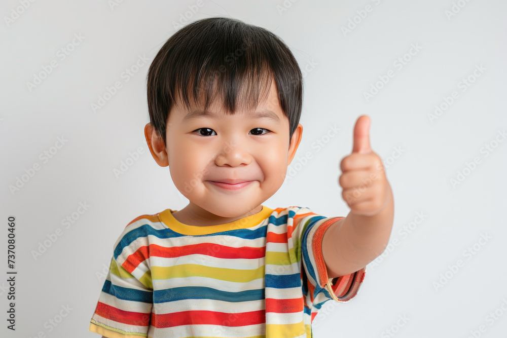 Happy little cute Asian boy giving thumbs up on white background Happy little cute Asian boy giving thumbs up on white background