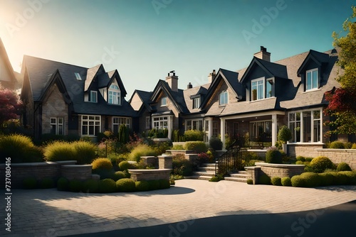 Houses in suburb at Summer. Luxury houses with nice landscape
