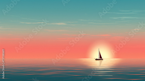Lonely sailing boat at sea - Minimalism style poster.