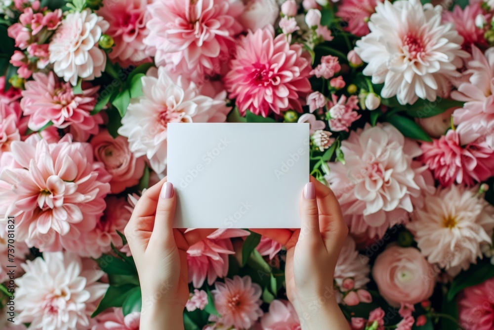 Blank Paper Card Mockup: Hands Holding on Colorful Pink Bouquet Background