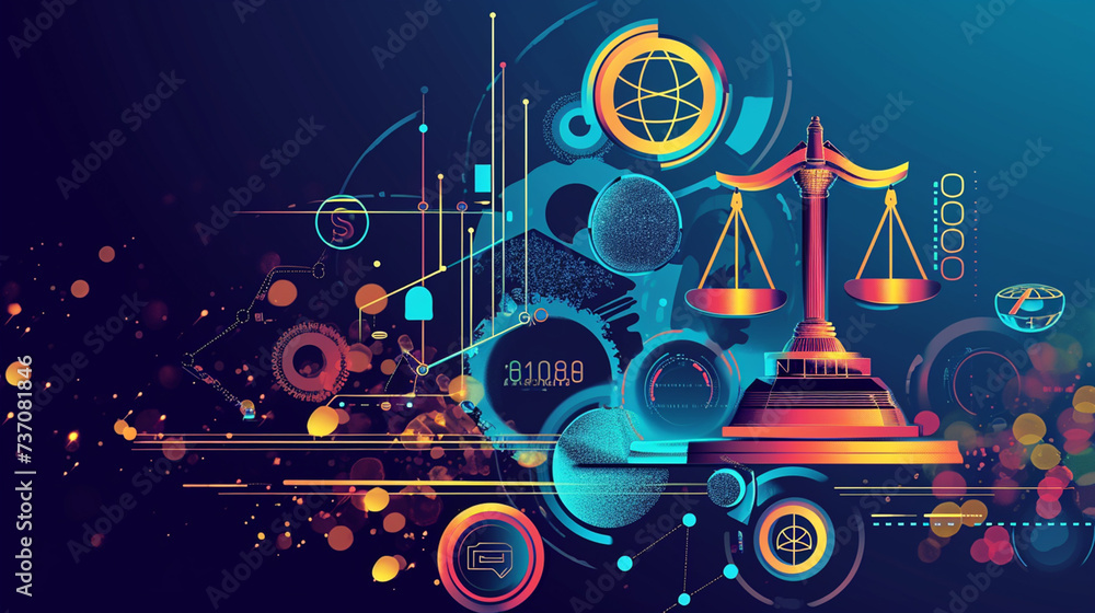 Ethical Innovation Symphony: Legal Elements and AI Icons in Harmony, Contemporary Style, Versatile Usage, Vibrant Colors, Clean Composition, High Resolution,  