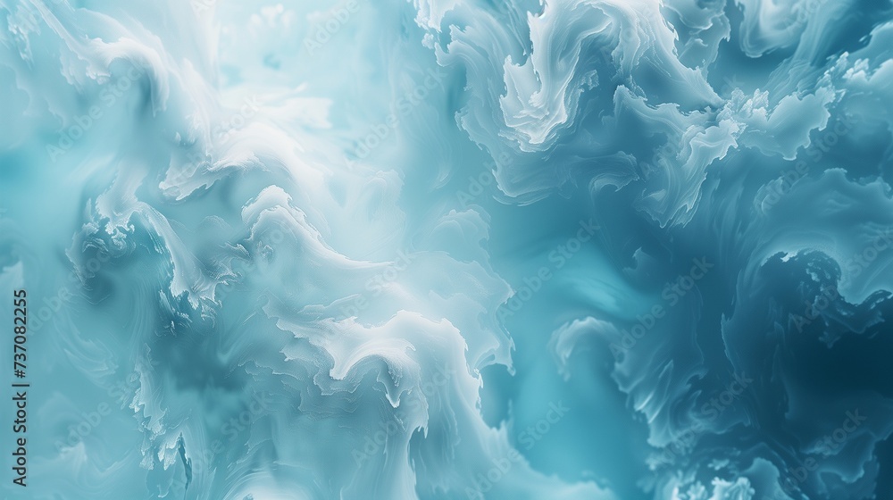 A serene, abstract fluid backdrop blending sky blue and soft white, reminiscent of a peaceful, cloudy sky. - obrazy, fototapety, plakaty 