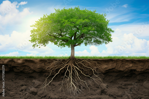 a tree with roots visible underground, blue sky, with some clouds in background (1)