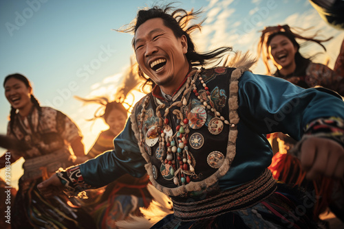 Tsam dance. A Mongolian performer in traditional attire dances the Tsam, a spiritual and expressive ritual, at sunset with others in the background.