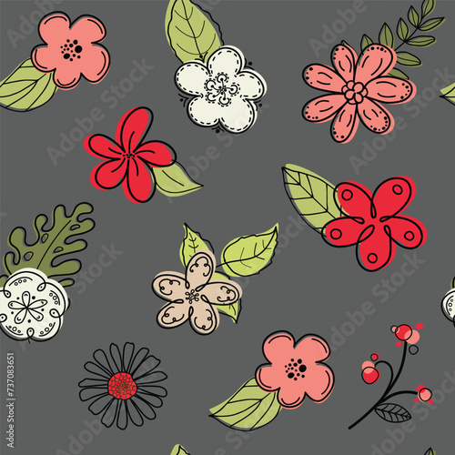 Floral graphic scribble design. Seamless pattern. Abstract minimal flower. Beautiful floral background. Vector art illustration for textile  wallpaper. Hand-drawn with a black brush
