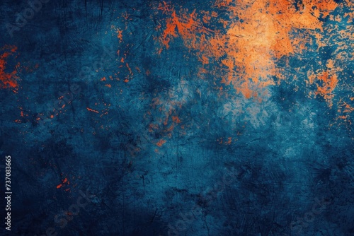 Grunge abstract background. Damaged screen. Orange glitch noise on blue scratched texture with dust.