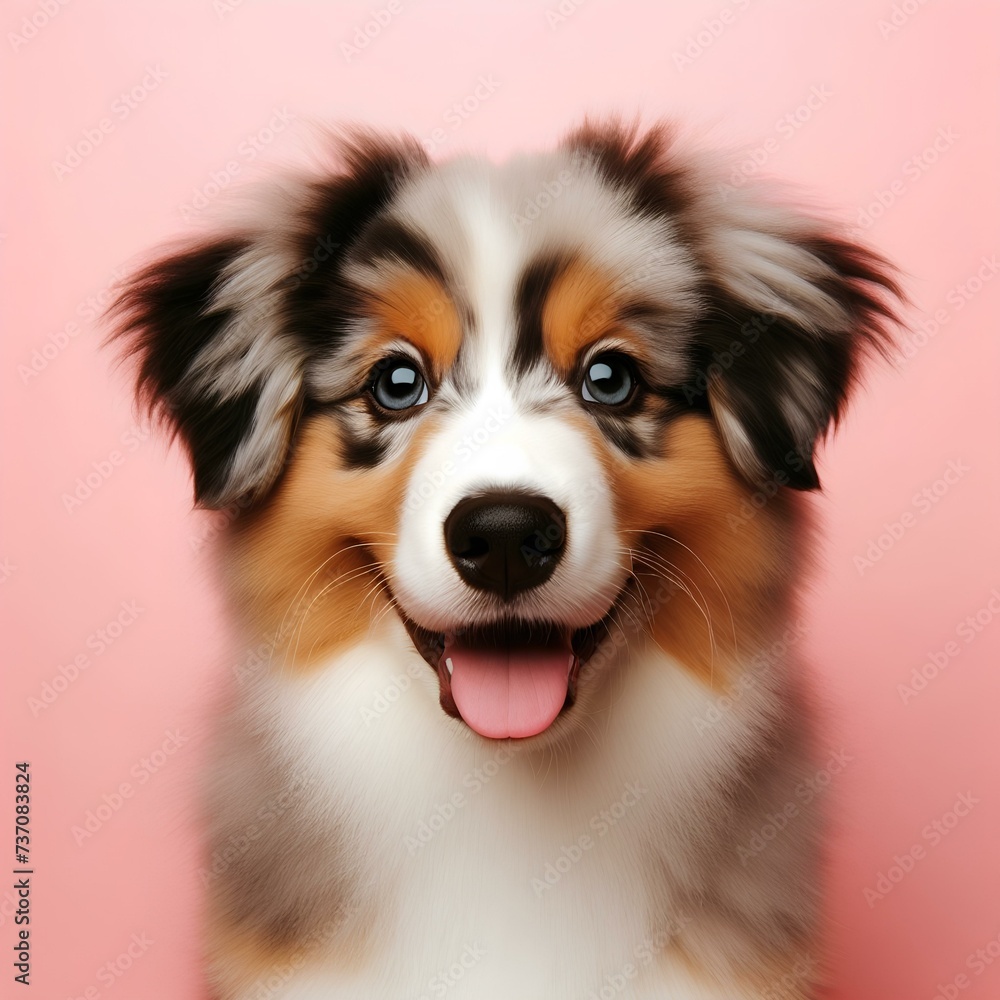  Portrait of cute smiling australian shepherd puppy looking at the camera on a pink background