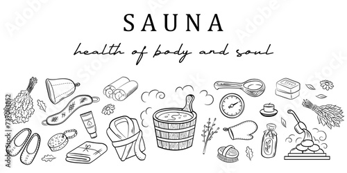 Sauna and wellness body care vector banner template. Set of doodle hand drawn elements. photo