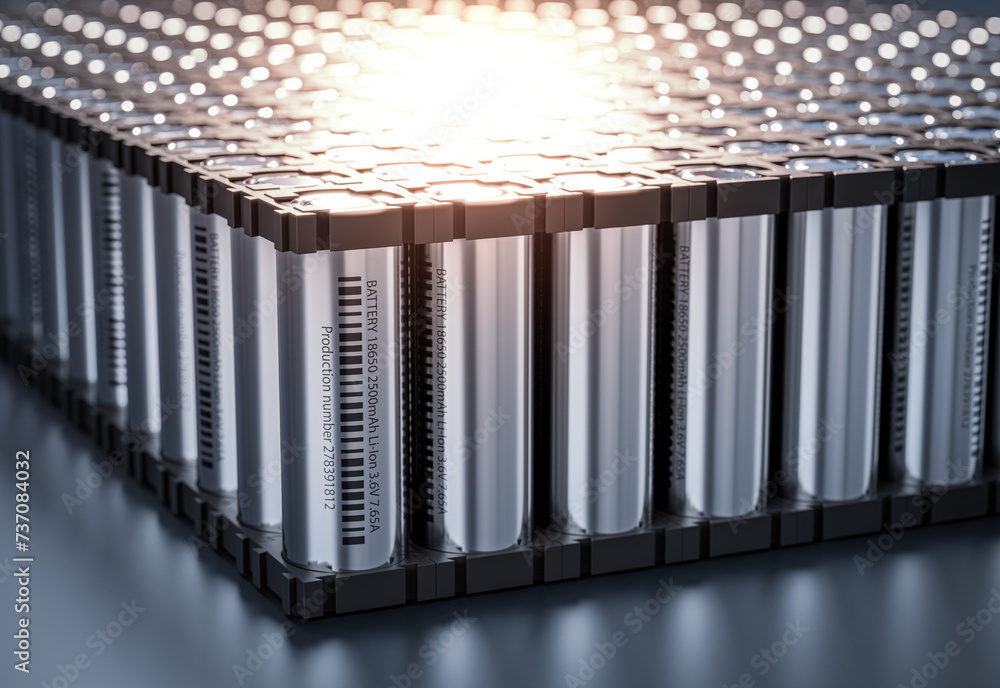 Lithium-ion batteries form a battery pack utilized in electric vehicles. 3d render - obrazy, fototapety, plakaty 
