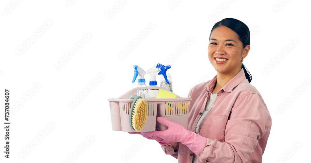 Woman, smile and portrait with cleaning supplies for maintenance, service and hygiene. Asian person, face and container with product for dirt disinfection on isolated, transparent and png background Woman, smile and portrait with cleaning supplies for maintenance, service and hygiene. Asian person, face and container with product for dirt disinfection on isolated, transparent and png background