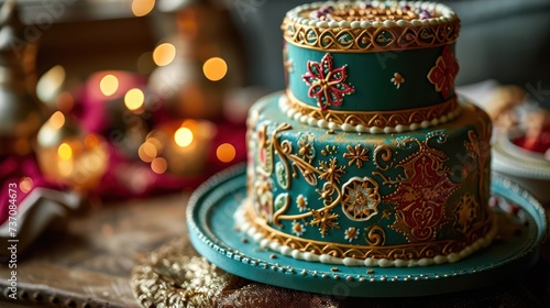 Eid-themed cake, with intricate designs, vibrant colors, and traditional symbols, set against a festive and joyful background