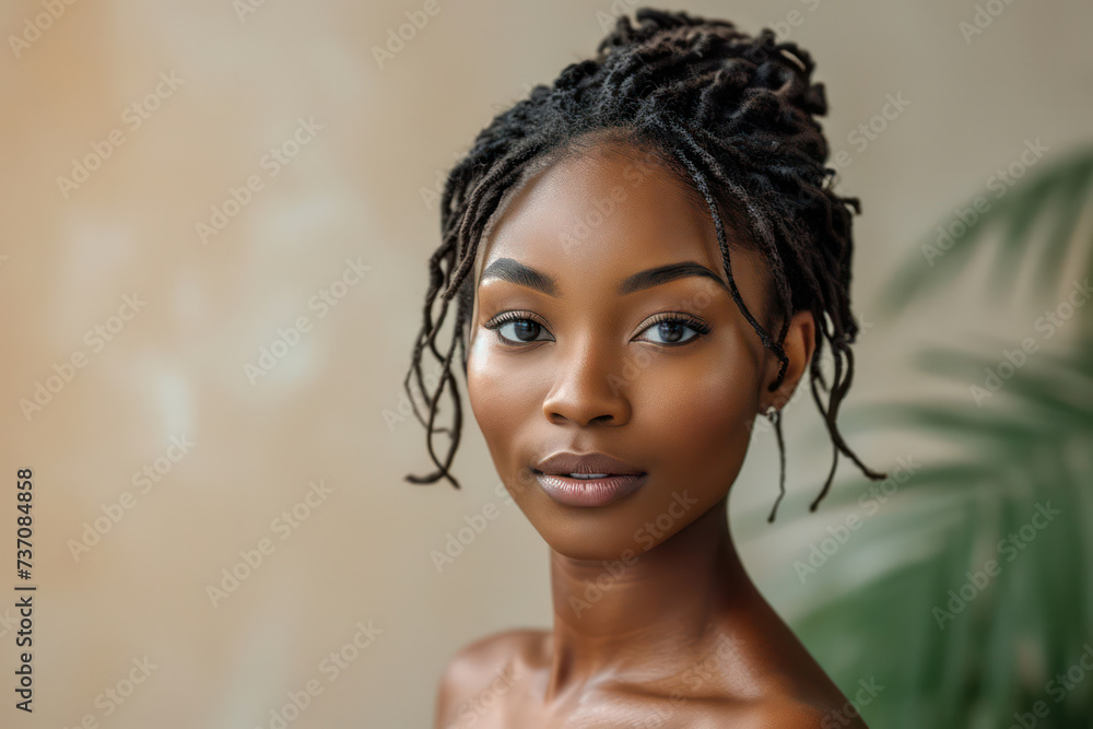 Stylish African American Beauty with Natural Afro Hair, Perfect Skin, and Elegant Expression against Clean White Studio Background