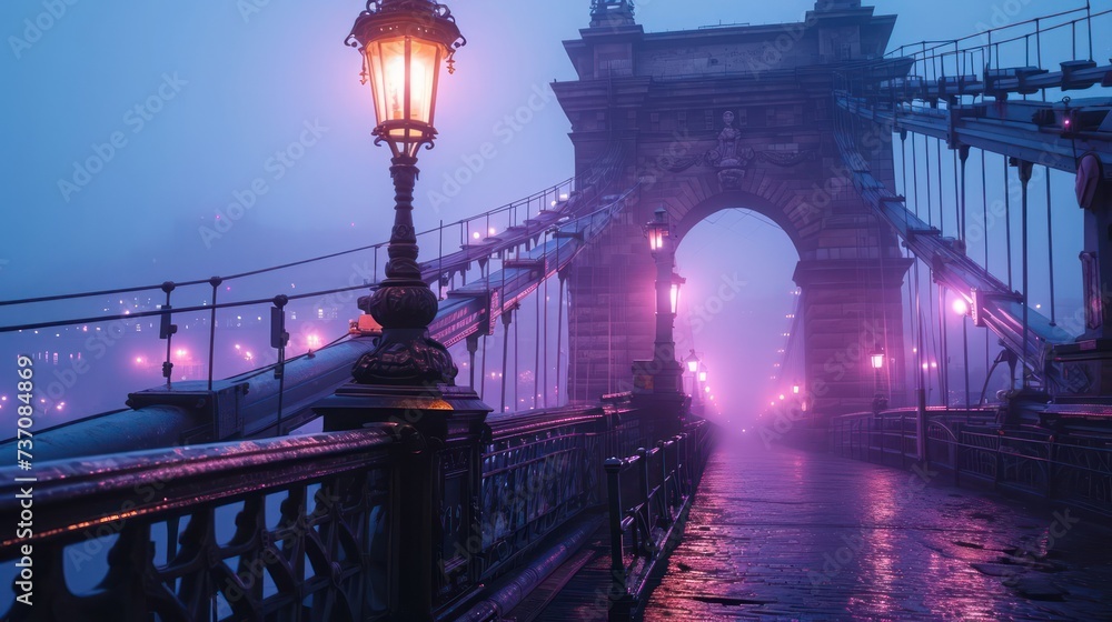 fog-blanketed bridges bathed in soft lavender lights, depicting a dreamy and whimsical cityscape - obrazy, fototapety, plakaty 