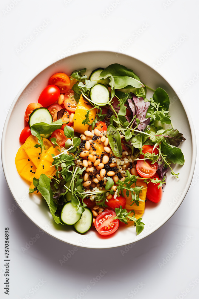 An overhead shot of a gourmet salad bowl, full of colorful vegetables and grains, set against a minimal white background An overhead shot of a gourmet salad bowl, full of colorful vegetables and grains, set against a minimal white background