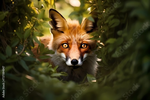 The expressive eyes of a curious fox, peering through the underbrush, with the soft morning light illuminating its sleek, reddish-brown fur.