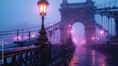 fog-blanketed bridges bathed in soft lavender lights, depicting a dreamy and whimsical cityscape