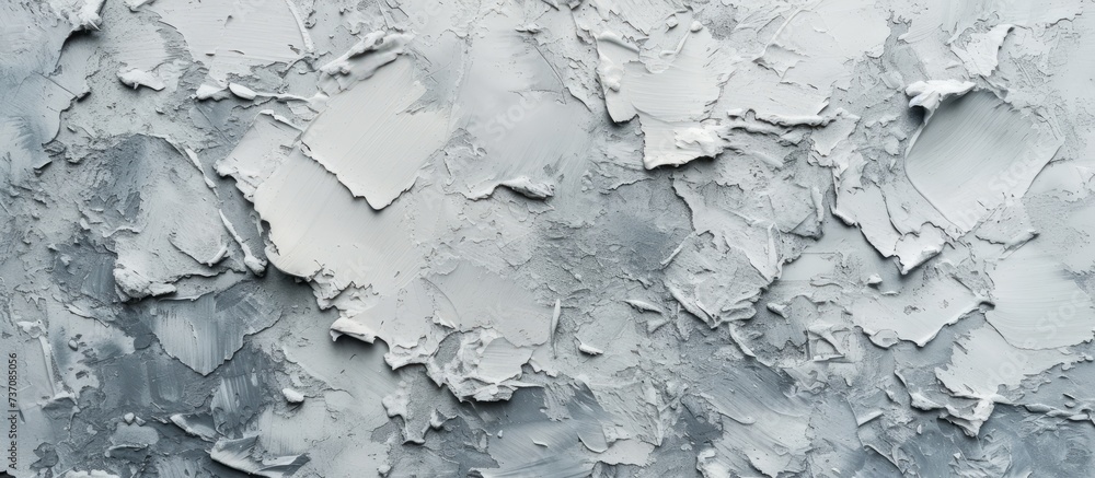 A close up of a freezing grey wall with peeling paint, displaying a monochrome pattern resembling snow on metal surface