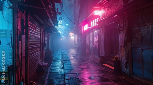 foggy alleyways infused with lively magenta lights portraying a vivid and dynamic city scene