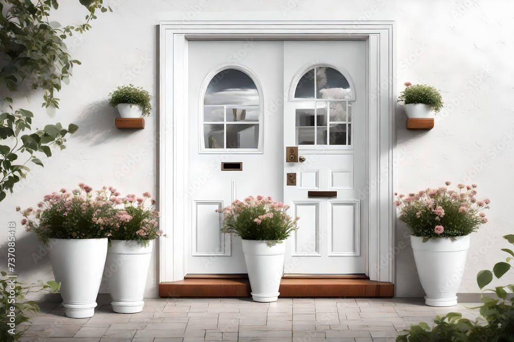 White front door with small square decorative windows and flower pots 