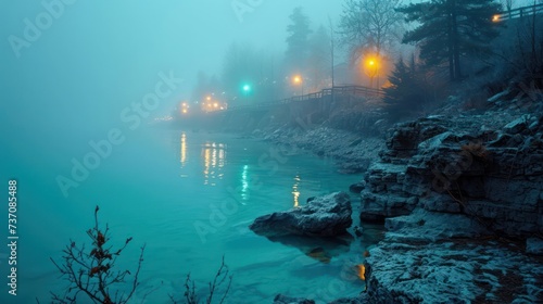 foggy lakeshores lit with dreamy turquoise lights, capturing a magical and calming natural setting