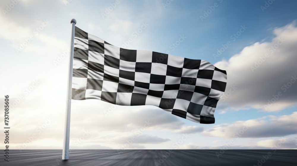 Race flag waving in the wind over asphalt road with cloudy sky background
