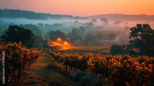 fog-laden vineyards under warm amber lights, creating an idyllic and picturesque rural landscape