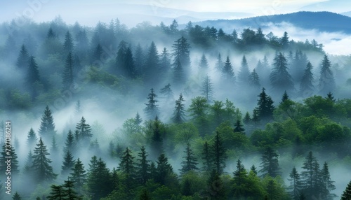 Vintage retro style misty mountain landscape with fir forest in green and light gray fog © Andrei