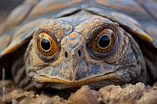 The expressive eyes of a wise old tortoise, surrounded by the rugged landscape of a desert, its shell adorned with patterns created by time. © Animals