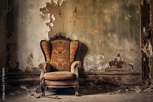 One worn armchair in old neglected room