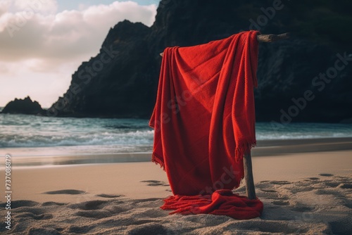 red towel lying on the edge of a tropical beach