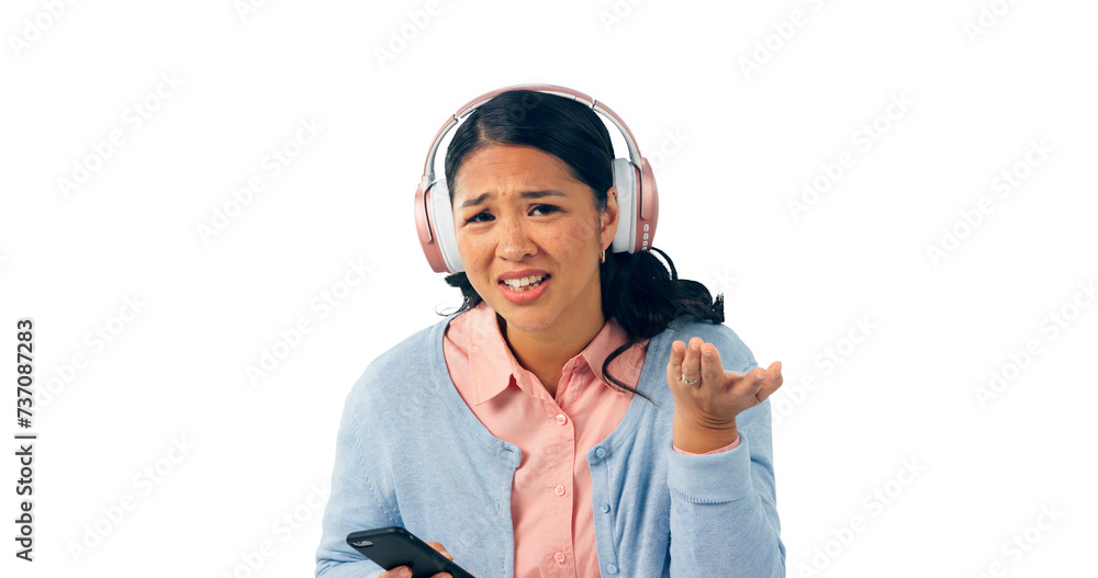 Asian woman, portrait and confused with smartphone, headphones for music with why question. Japanese girl, streaming audio playlist and podcast in Japan with png, isolated and transparent background Asian woman, portrait and confused with smartphone, headphones for music with why question. Japanese girl, streaming audio playlist and podcast in Japan with png, isolated and transparent background