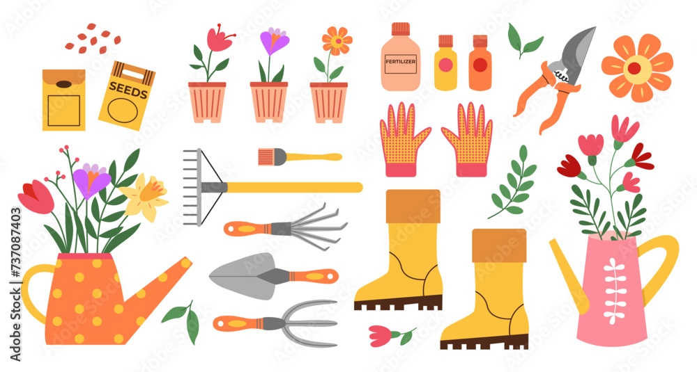 Spring gardening and planting. Garden tools and gear, watering can, seeds, plants, fertilizer, boots, gloves, flowers. Hand drawn. Vector drawings isolated on white. Spring gardening and planting. Garden tools and gear, watering can, seeds, plants, fertilizer, boots, gloves, flowers. Hand drawn. Vector drawings isolated on white.