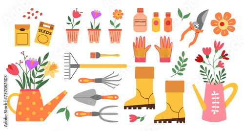 Spring gardening and planting. Garden tools and gear, watering can,  seeds, plants, fertilizer, boots, gloves, flowers. Hand drawn. Vector drawings isolated on white.
