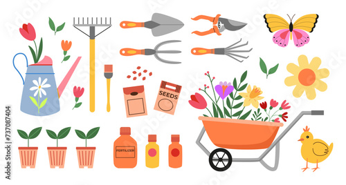 Garden works planning. Early spring farming. Garden tools, watering can,  wheelbarrow, seeds, plants, fertilizer, flowers. Hand drawn. Vector drawings isolated on white.