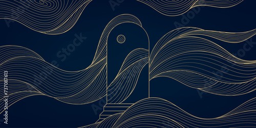 Vector gold luxury celestial background, line waves and arch with stairs and moon inside. Magic esoteric illustration.