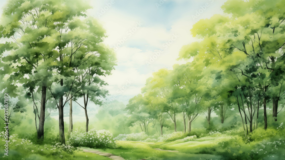 Fototapeta premium Watercolor painting of a lush and lush forest.