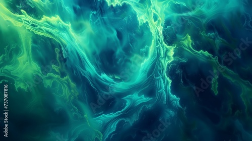 A swirling blend of electric blue and neon green in a fluid  abstract pattern  giving the impression of a dynamic  flowing river.