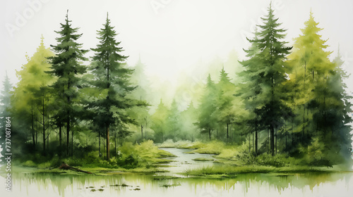 Watercolor painting of a lush and lush forest.