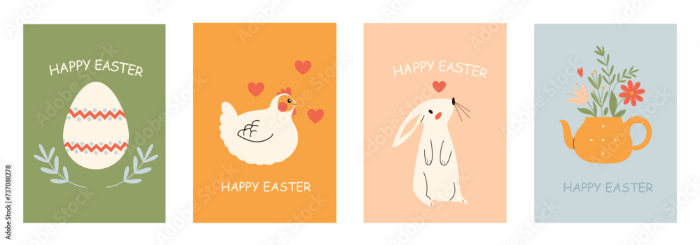 Set with four Easter holidays celebration cards, with animals, eggs and flowers. Hand drawn vector illustrations