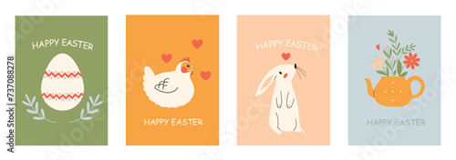 Set with four Easter holidays celebration cards, with animals, eggs and flowers. Hand drawn vector illustrations