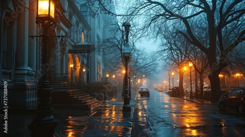the allure of city streets shrouded in fog adorned with warm amber lights, portraying a cozy and mysterious urban scene